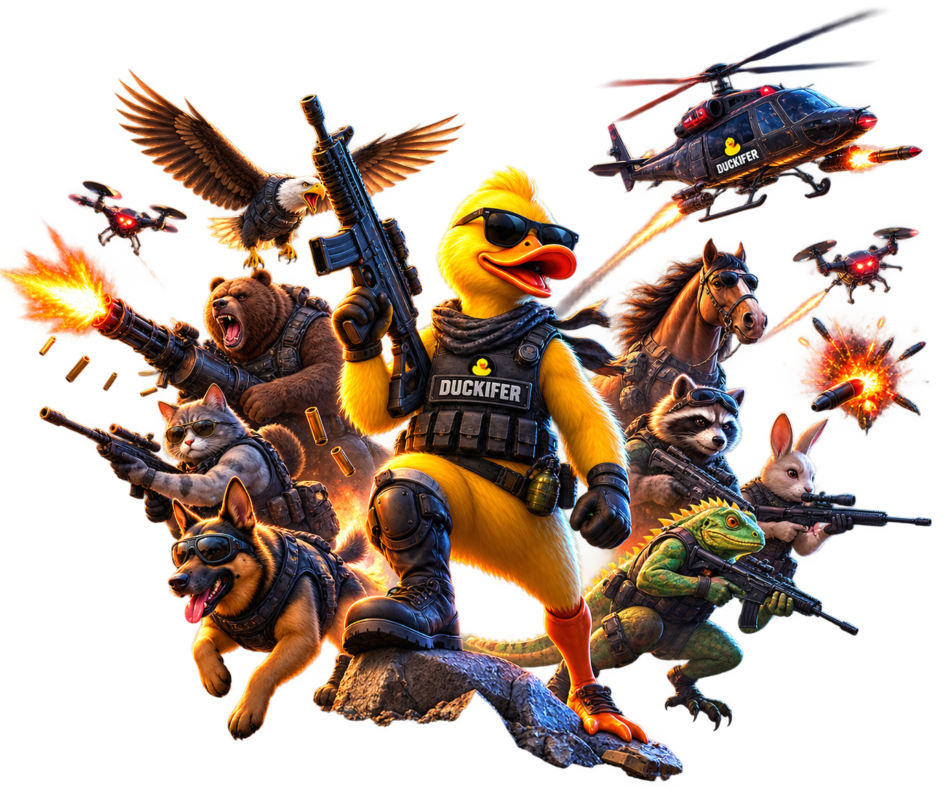 Duckifer leading an animal squad through the chaos of Duck Town